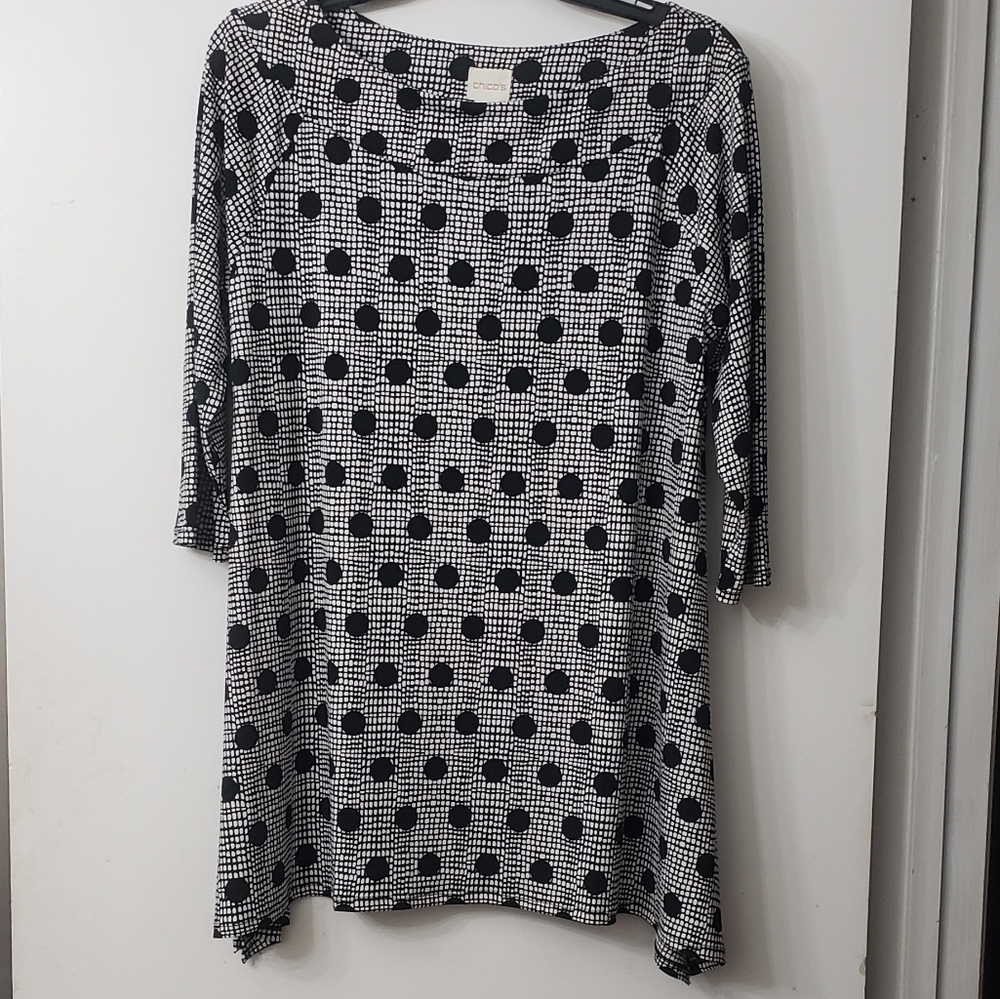 Chicos Black & White Polkadot 3/4 Sleeve Blouse Size 1